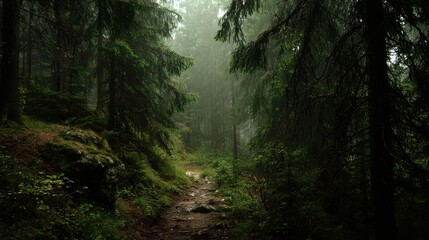 Fototapeta premium Dark misty forest path with eerie atmosphere for halloween concept