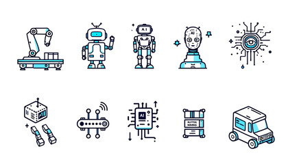 Fototapeta premium A collection of pixel art style robots and technology icons, rendered with a clean, minimalist aesthetic, suitable for digital applications and design projects.