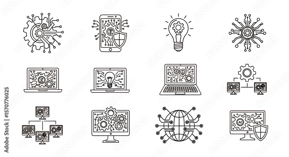 Poster a comprehensive collection of modern line art technology icons representing digital innovation, glob