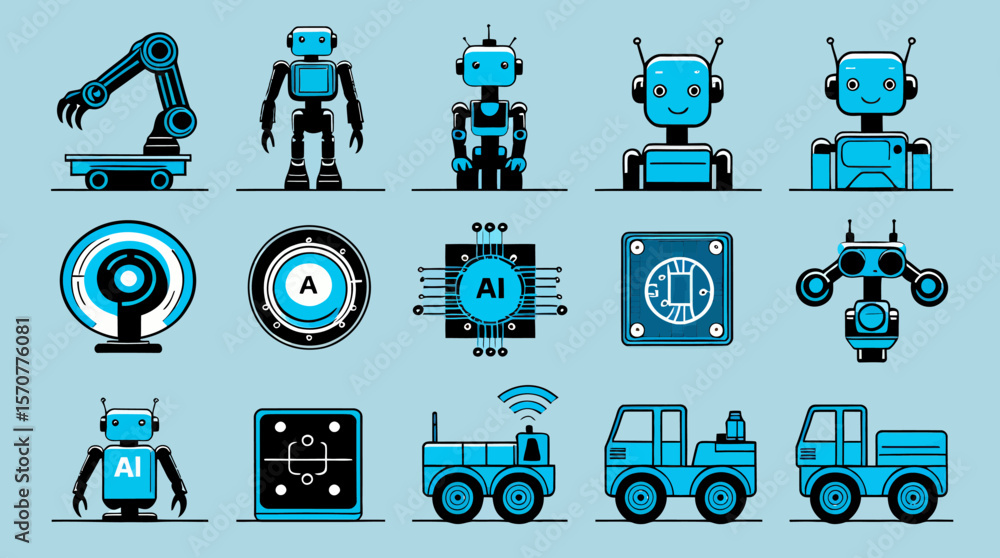 Poster a collection of vector illustrations showcases various robots and ai-related icons, perfect for tech