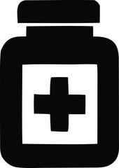 Simple black and white icon of a medicine bottle with a prominent red cross symbol on its label representing healthcare and pharmaceuticals