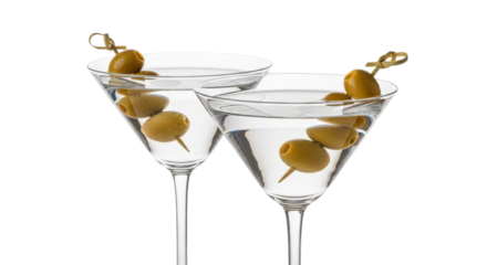 Two martini glasses with olives isolated on a transparent background cocktail drink