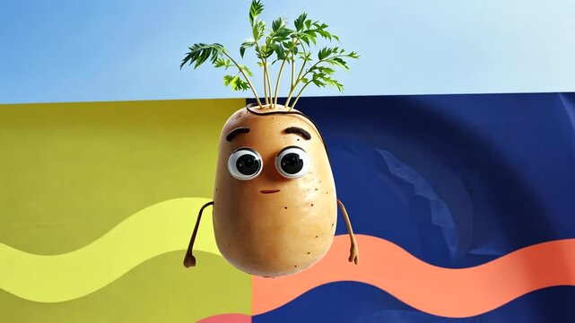 A whimsical potato character with googly eyes and sprouting greens, set against vibrant abstract backgrounds