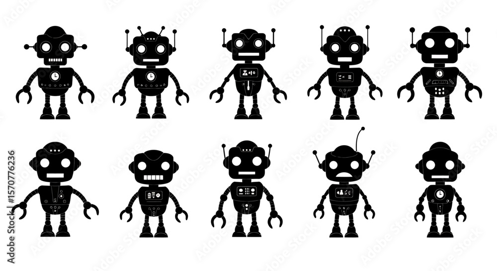 Poster a collection of stylized robot illustrations in black and white, perfect for technology-related desi