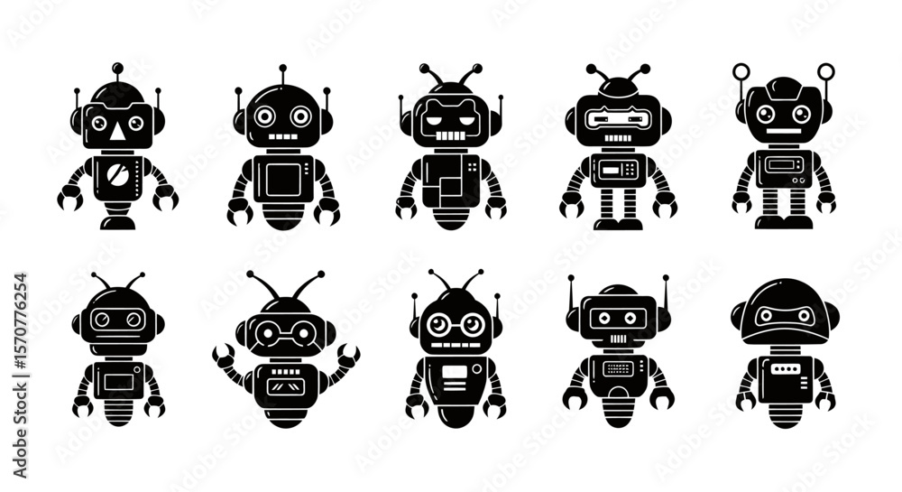 Poster a collection of ten unique, silhouetted robot designs are displayed against a plain white background