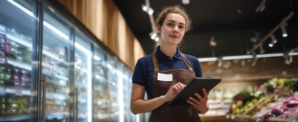 The young employee using a tablet in a modern grocery store setting.