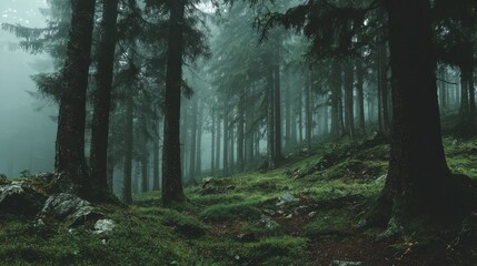 Fototapeta premium Dark misty forest path with eerie atmosphere for halloween concept