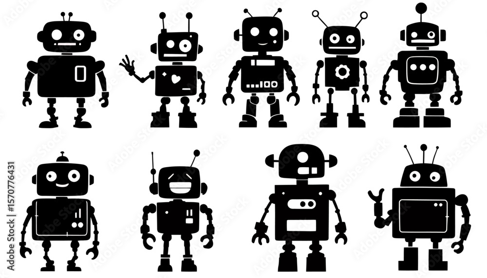 Poster a collection of diverse robot silhouettes, each with unique designs, showcasing a playful and imagin