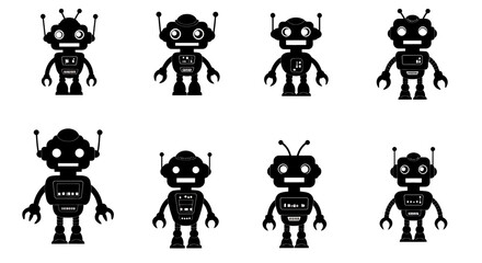 Fototapeta premium A collection of eight stylized robot illustrations in black and white, showcasing various designs for technology, artificial intelligence, and futuristic concepts, ideal for design projects.