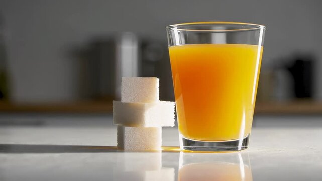 Sugar cubes resting beside orange juice glass on kitchen counter, highlighting potential health risks associated with high sugar consumption in everyday beverages