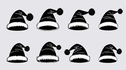 Collection of eight black Santa hats with white fur trim and pom-poms, presented as isolated graphic elements on a light gray background.