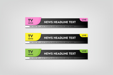 yellow pink green banner design vector tv program news banner template on gray background