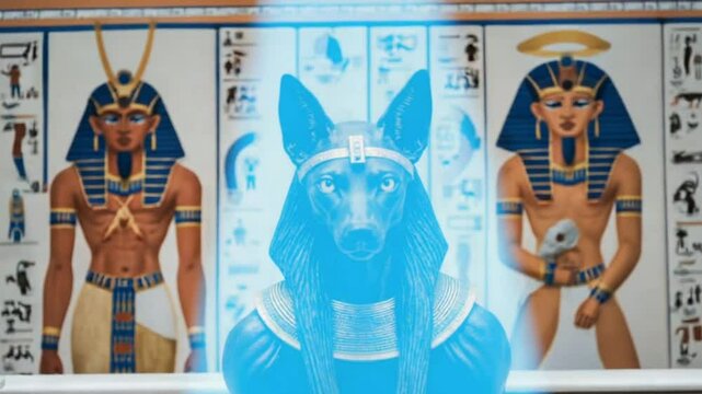 Close-up of the face of Anubis, the Egyptian god of death, with intricate golden hieroglyphs on his headdress.