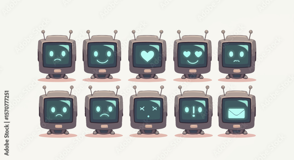 Poster a collection of cute, retro-style robots with screens displaying various emotions and icons, showcas