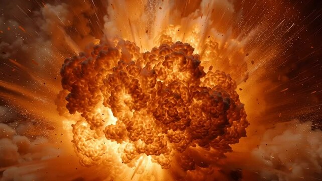 A large explosion is depicted in the image, with a bright orange cloud of smoke and debris. The scene is intense and dramatic, with the explosion creating a sense of chaos and destruction