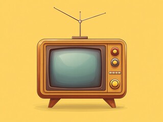 Vintage Wooden Retro Television Set with Antenna on Yellow Background