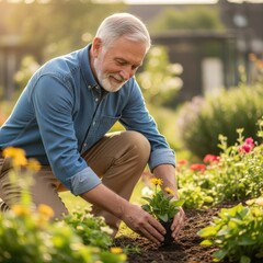 Senior Man Planting Flowers in a Garden Gardening Hobby Retirement Activities