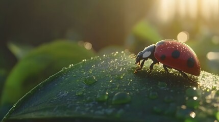 Ladybug on a dewy leaf in morning sunlight.