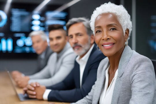 Senior businesswoman smiling leading diverse team meeting in office boardroom