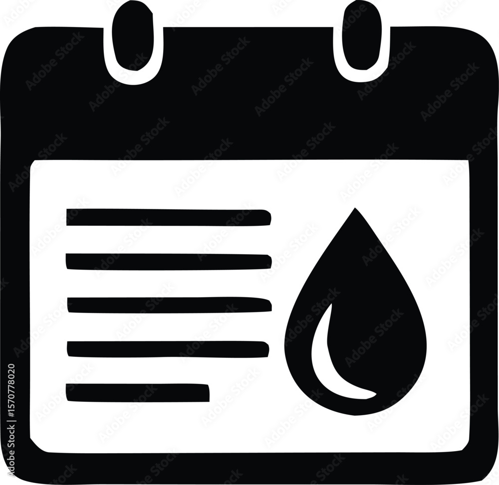 Poster black and white icon representing a calendar page with bullet points and a water droplet symbolizing