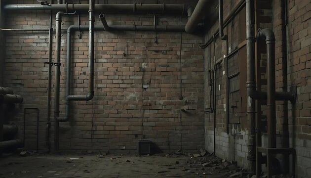 Interior of Old Building with Brick Wall and Pipes