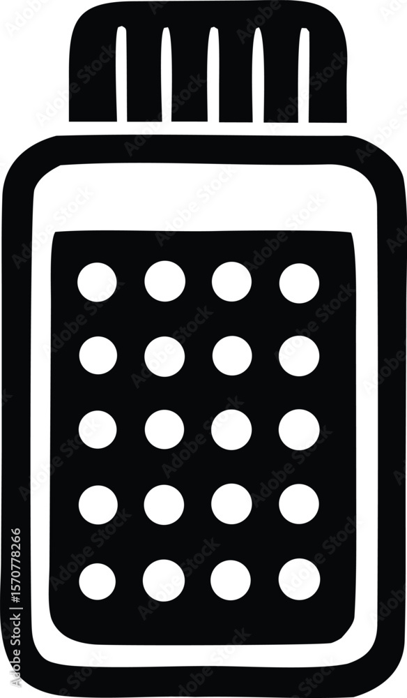 Poster stylized black and white icon representing a pill bottle with multiple circular pills inside and a r