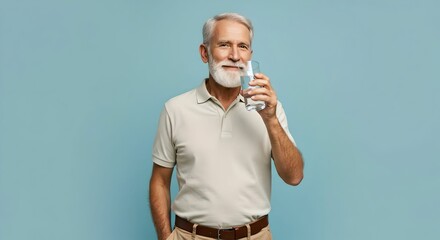 Happy senior man holding glass of fresh water, smiling. Health and wellness concept. Healthy lifestyle for older adult