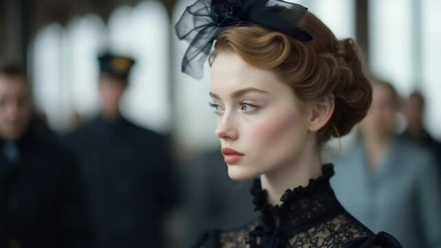 lady in the Victorian age standing in a railway station.