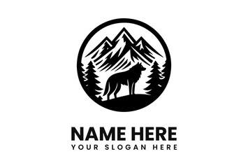 Fototapeta premium A stylized black and white logo featuring a wolf, mountains, and trees.