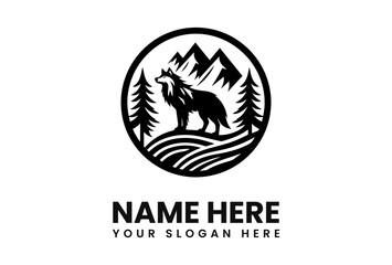 A stylized logo featuring a wolf howling in a mountain landscape, framed by trees and a circular border.