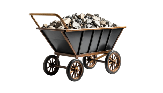 Mine cart filled with rocks, isolated on transparent background, vintage style