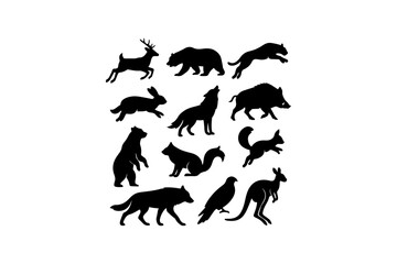 Naklejka premium Collection of Bold Black Wildlife Silhouettes: Deer, Bear, Wolf, Fox, Rabbit, Boar, Squirrel, Kangaroo, and More.