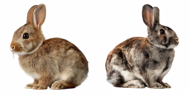 Two rabbits with brown and grey fur sitting side by side on a black background