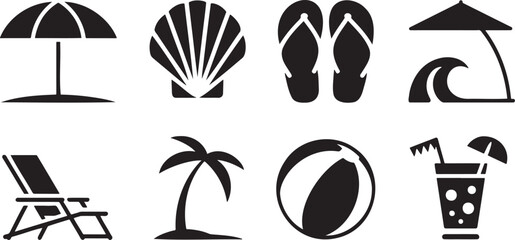 Fototapeta premium Vibrant Beach and Summer Vacation Icons: Seashell, Flip Flops, Palm Tree