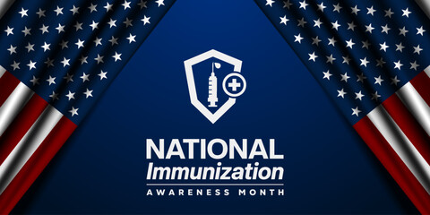 August National Immunization Awareness Month. American flag, syringe, shield and plus icon. Suitable for posters, banners and social media. White background.