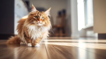 sneaking adult red ginger fluffy long haired cat in the interior of an apartment or house with space for text. pet care
