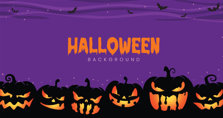 Halloween night scene with glowing pumpkins, purple sky, flying bats, and scary atmosphere. Great for banners, party flyers, and seasonal promotions.