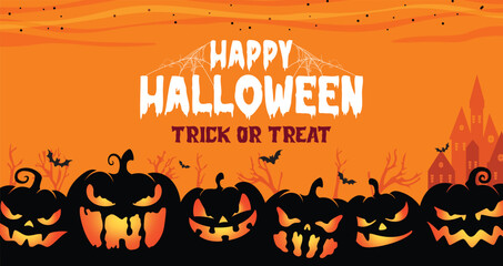 Colorful Halloween greeting card with glowing pumpkins, spooky trees, bats, and haunted house. Perfect for party invites, banners, and seasonal promotions.