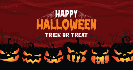 Dark Halloween background with glowing jack-o'-lanterns, spooky forest, bats, and festive text. Great for posters, flyers, banners, and party invites.