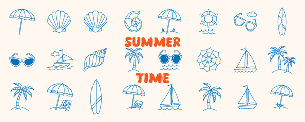 Hand Drawn Summer Vacation Vector Icon Set with Beach, Sea, and Travel Elements in Minimal Blue Doodle Style

