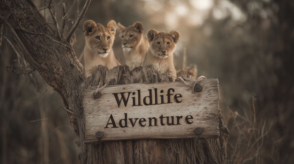 Lion cubs behind wildlife adventure wooden sign in forest environment symbolizing safari exploration of nature and wild animal habitats