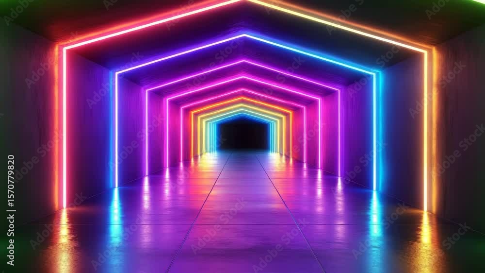 Wall mural neon light tunnel glowing colorful lines creating futuristic vibrant corridor reflection on shiny ti