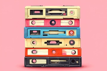 Fototapeta premium Stack of Colorful Vintage Cassette Tapes on Pink Background