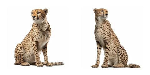 Two cheetahs sitting side by side against a black background looking in different directions