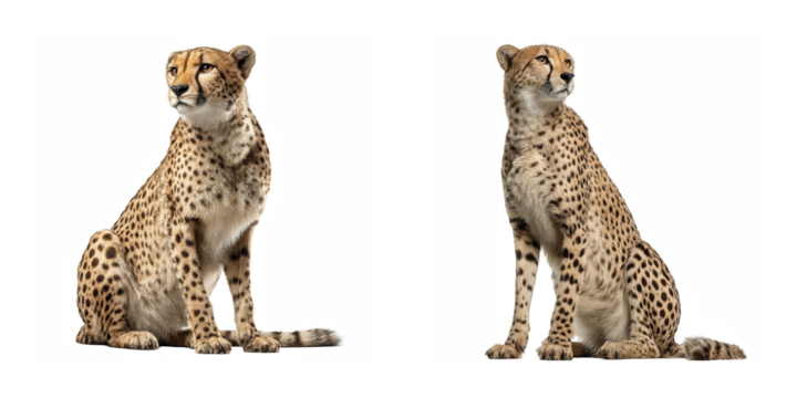 Two cheetahs sitting side by side against a black background looking in different directions