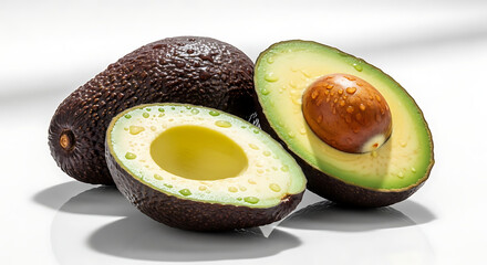 Fresh avocados, whole and halved, displayed on a white surface.