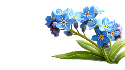 Naklejka premium Closeup View Of Delicate Blue Flowers With Green Leaves On Transparent Background