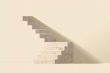 Beige marble staircase ascending against a pale wall, casting a long shadow, minimalist and clean aesthetic