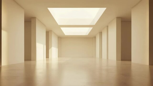 Minimalist empty room featuring spacious interior with beige walls, modern architecture, ceiling skylights, and bright natural light creating calm serene atmosphere