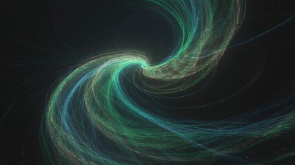 Abstract swirling green and blue light trails on a dark background